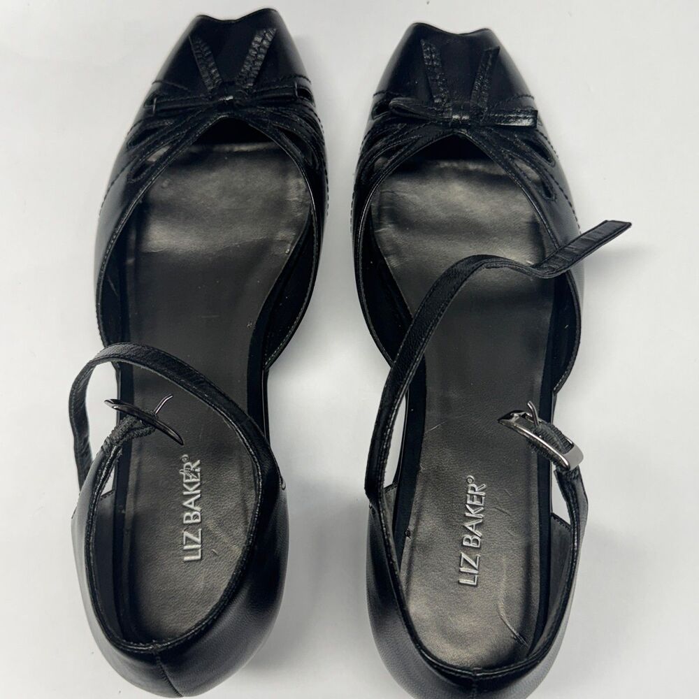Sandals Black Liz Baker Peep Open Toe Wedge Heel Ankle Strap Black 7.5 Bow EUC